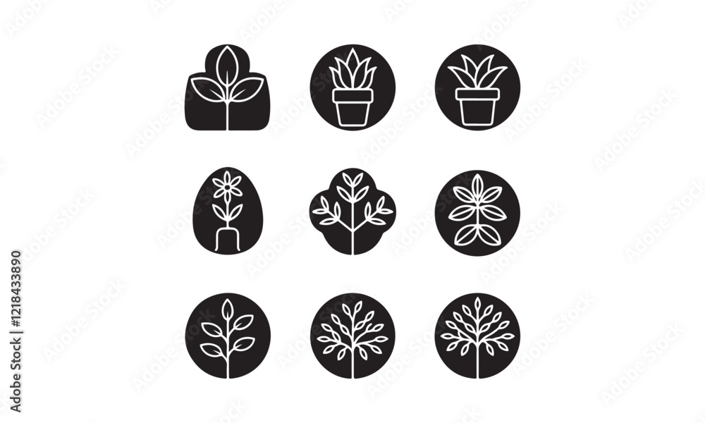 Botanical Icon Set Plants, Leaves, and Flowers in Minimalist Black and White Design Botanical Icon Set Plants, Leaves, and Flowers in Minimalist Black and White Design