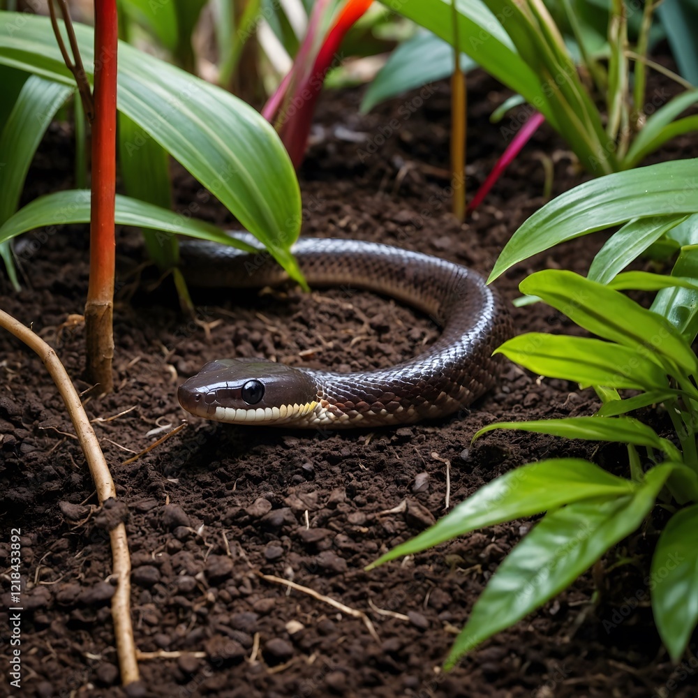 Fototapeta premium Common European Viper Resting in Woodland Habitat Among Fallen Leaves and Dappled Sunlight