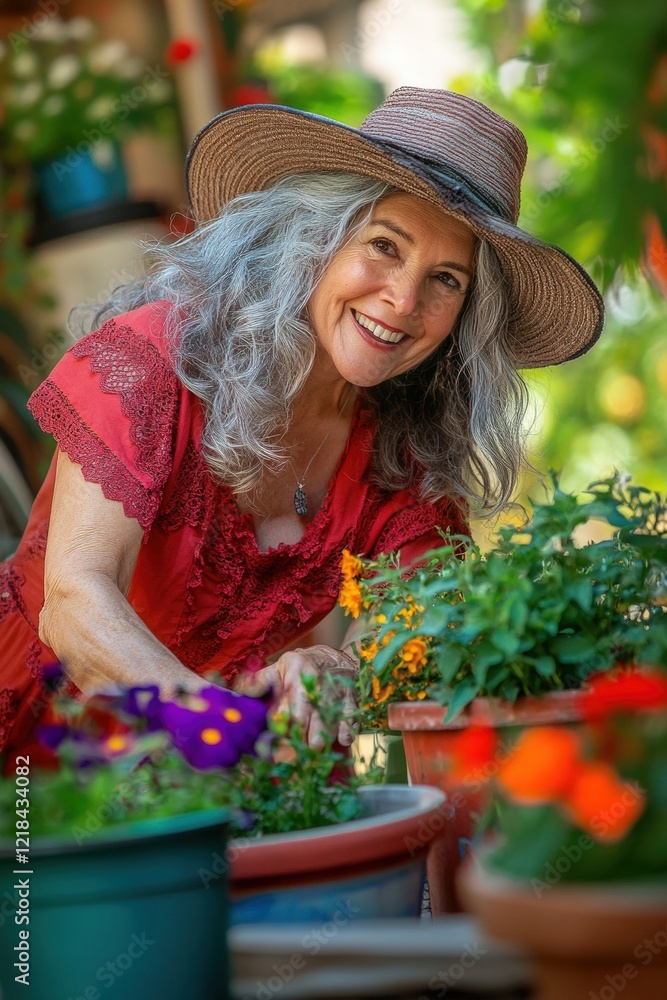 Fototapeta premium Gardening enthusiast tending to vibrant flowers in pots, enjoying a sunny day outdoors. Home gardening, floral care, and nurturing plants as a relaxing hobby.