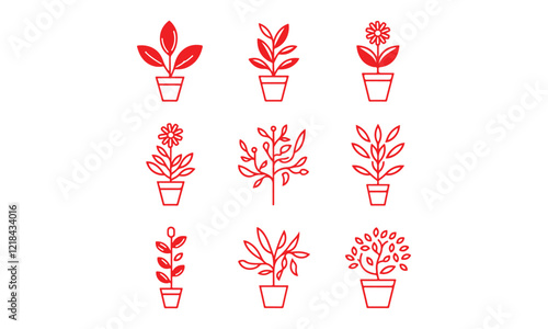 Red Plant Icon Set Potted Plants, Flowers, and Leaves in Minimalist Line Art