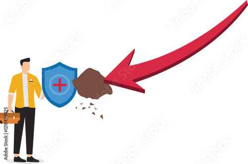 Bankruptcy management, overcome business failure or investment risk, Efforts to save businesses from bankruptcy, businessman use protective shield to withstand the blow of boulder from declining graph
