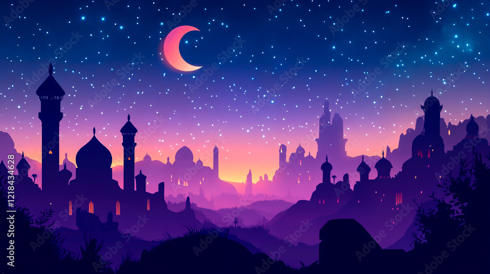 Naklejka premium A breathtaking view of the night sky with stars and a crescent moon, set against an Arabian landscape with silhouettes of ancient buildings like minarets or temples.