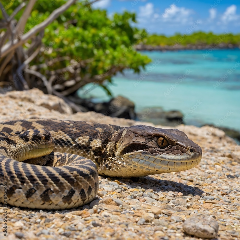Fototapeta premium Camouflaged Snake Blending with Leaf Litter and Twigs Demonstrating Mimicry