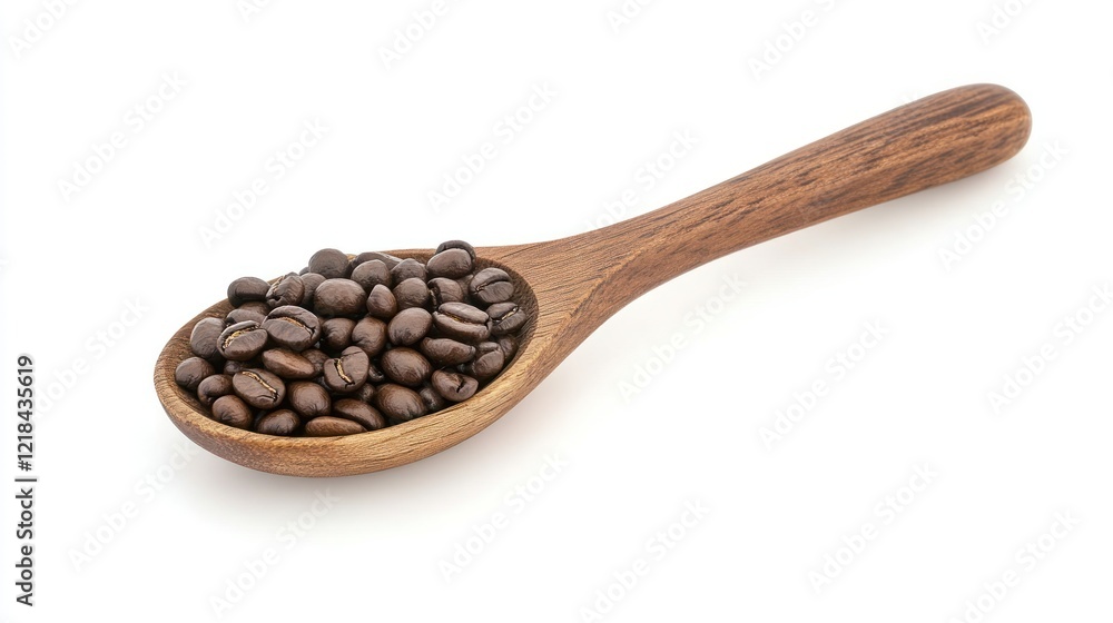 Obraz premium Coffee beans in a wooden spoon on a ceramic table, AI generated image