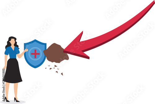 Bankruptcy management, overcome business failure or investment risk, Efforts to save businesses from bankruptcy, businesswoman use protective shield to withstand the blow of boulder