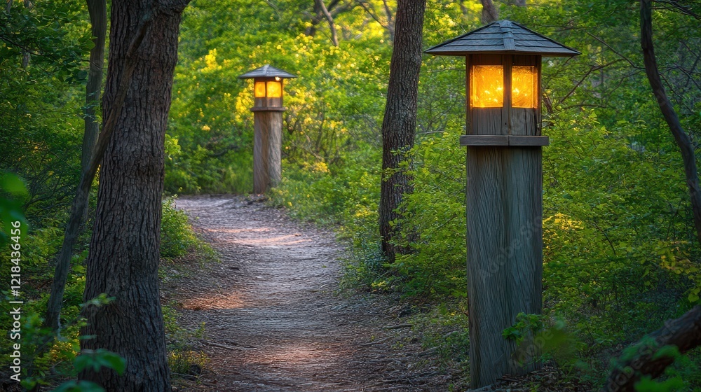 Serene Forest Path Illuminated by Lanterns Surrounded by Lush Greenery in a Tranquil Wilderness Setting at Dusk Serene Forest Path Illuminated by Lanterns Surrounded by Lush Greenery in a Tranquil Wilderness Setting at Dusk