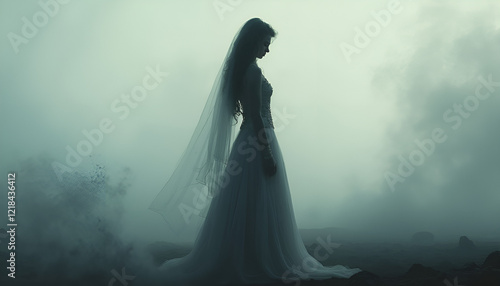 Solitary Bride in Melancholic Misty Landscape with Emotional Isolation
