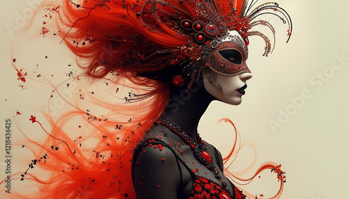 Masked Female Figure in Ornate Venetian Mask with Dramatic Red Accessories