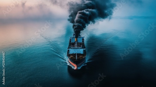 Smoke Stacks and the Sea: A dramatic aerial perspective of a cargo ship navigating serene waters, its dark smoke plume a stark contrast against the calm, cool tones of the ocean and sky.