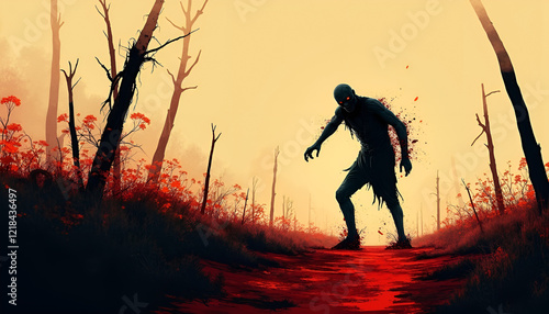 Decaying Zombie Walking Through Blood-Streamed Desolate Landscape