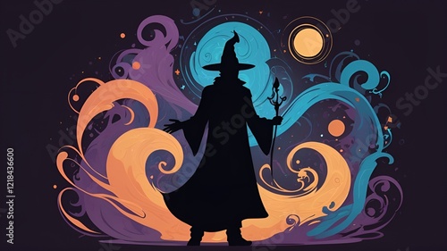 Mystical Sorcerer Silhouetted Against Swirling Magical Energy in Vibrant Colors