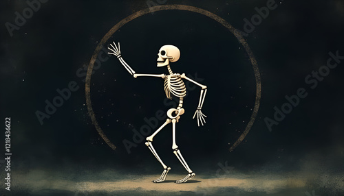Dancing Skeleton in Circular Frame with Playful Macabre Energy