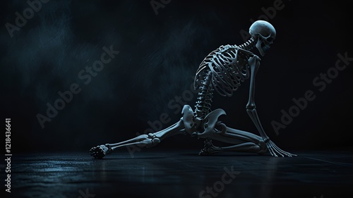 Solitary Skeleton in Dark Moody Environment with Reflective Surface