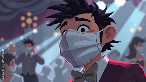 Anxious Masked Guest at Elegant Formal Event with Soft Graphic Design Style