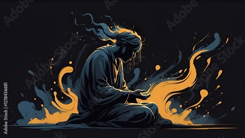 Spiritual Figure Chanting with Ethereal Energy in Dark Contemplative Space