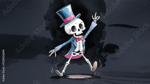 Whimsical Dancing Skeleton in Blue Tuxedo and Top Hat
