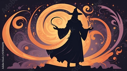 Mystical Sorcerer Conjuring Cosmic Nebula Energy with Outstretched Arms