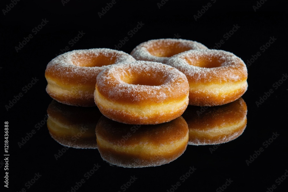 Delicious Powdered Sugar Donuts on a Reflective Black Background Delicious Powdered Sugar Donuts on a Reflective Black Background