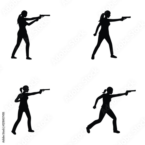 A set of woman pistol shooting sport vector silhouette