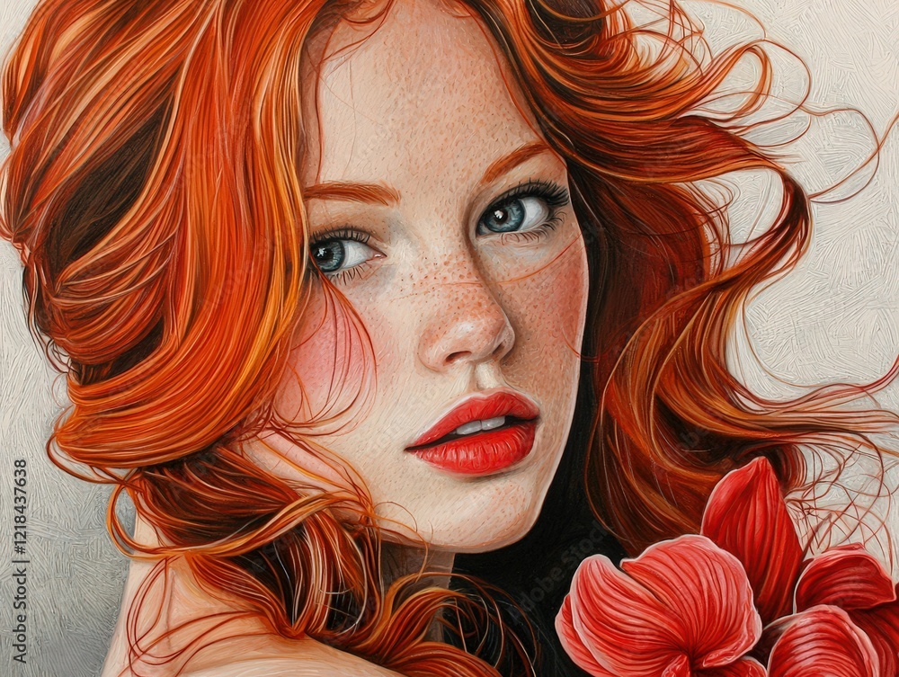 Fototapeta premium Captivating beauty with flowing red hair and delicate orchids in a serene moment