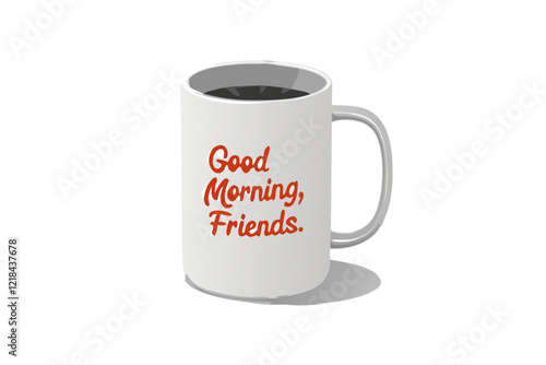 A 3D render of a coffee mug with the text Good morning, friends.