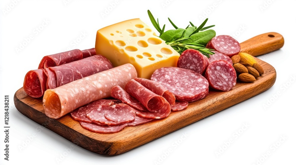 A wooden board displays an assortment of cured meats, cheese, and almonds, garnished with fresh herbs, perfect for a charcuterie platter. A wooden board displays an assortment of cured meats, cheese, and almonds, garnished with fresh herbs, perfect for a charcuterie platter.