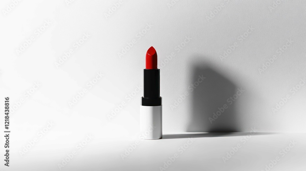 A minimalist photo of a single red lipstick tube standing upright against a clean white background, emphasizing elegance A minimalist photo of a single red lipstick tube standing upright against a clean white background, emphasizing elegance
