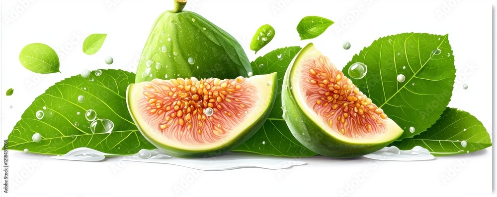 Fresh Figs with Green Leaves and Water Drops Fresh Figs with Green Leaves and Water Drops