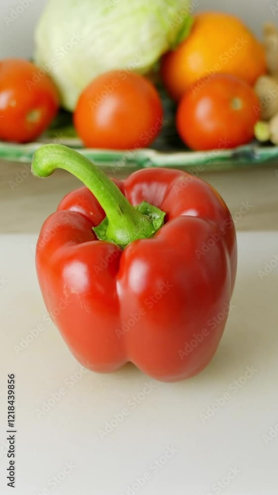 Vertical dolly in extreme close-up of a vibrant red bell pepper in focus, with a blurred background featuring a plate of tomatoes, orange, and iceberg lettuce, creating colorful and healthy food scene Vertical dolly in extreme close-up of a vibrant red bell pepper in focus, with a blurred background featuring a plate of tomatoes, orange, and iceberg lettuce, creating colorful and healthy food scene
