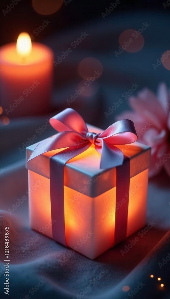 Glowing candlelight illuminates a glowing gift box with an elegant pastel-colored ribbon tied in a bow, ribbon, candlelight Glowing candlelight illuminates a glowing gift box with an elegant pastel-colored ribbon tied in a bow, ribbon, candlelight