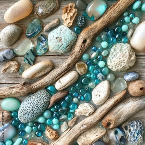 Artisan Driftwood and Recycled Glass Beads Arrangement Coastal Studio Decorative Art Natural Aesthetic Elevated Perspective photo