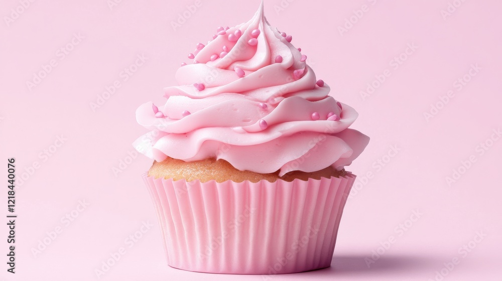 Pink cupcake with swirls of frosting and sprinkles on a pastel background for sweet dessert lovers Pink cupcake with swirls of frosting and sprinkles on a pastel background for sweet dessert lovers