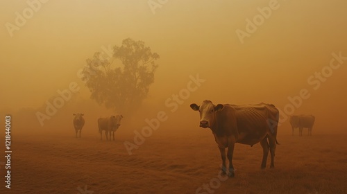 Dusty Cattle: A group of cattle stands in a dusty, hazy field, the environment shrouded in an orange, apocalyptic atmosphere, raising concerns about environmental issues.
