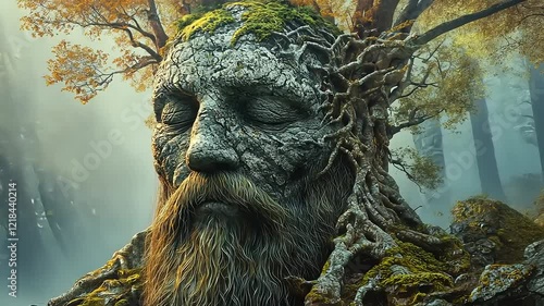 Wallpaper Mural Ancient Stone Face Entwined with a Mossy Tree in a Misty Forest Torontodigital.ca