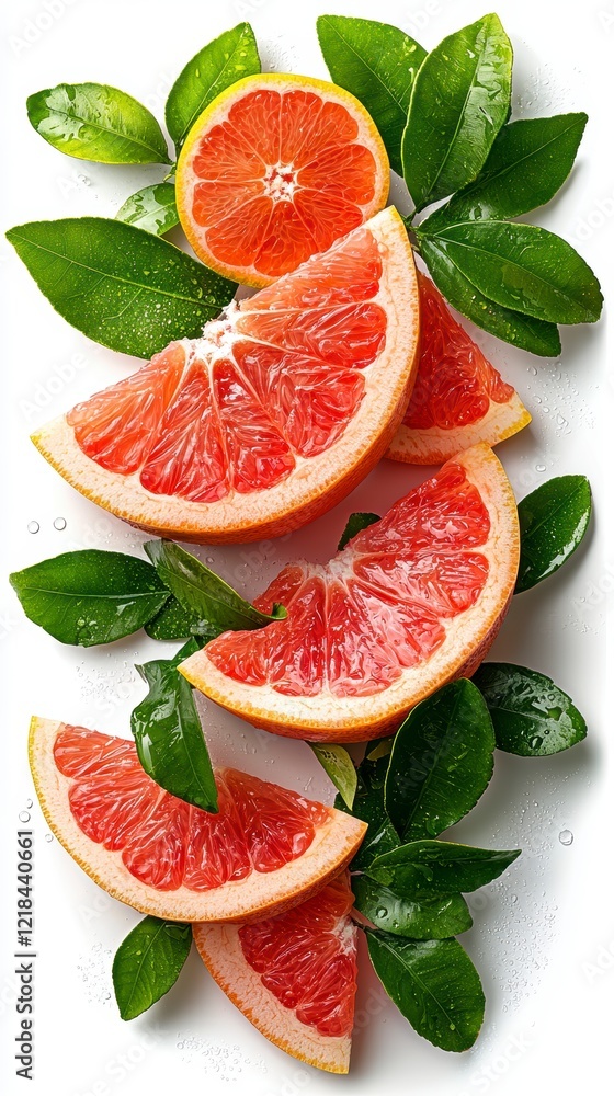 Juicy Grapefruit Slices with Fresh Leaves Juicy Grapefruit Slices with Fresh Leaves