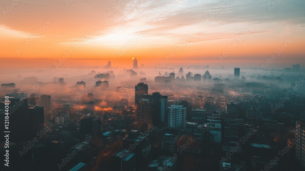 Fototapeta premium Cityscape Sunset: Captivating aerial view of a city skyline enveloped in a dreamy mist during a vibrant sunset, with colors painting the horizon.