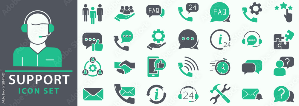 Naklejka premium Support icon set. Containing customer satisfied, assistance, experience, feedback, operator and technical support icons. Icon collection.