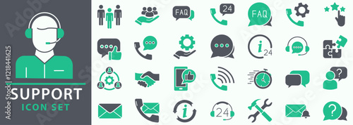 Support icon set. Containing customer satisfied, assistance, experience, feedback, operator and technical support icons. Icon collection.