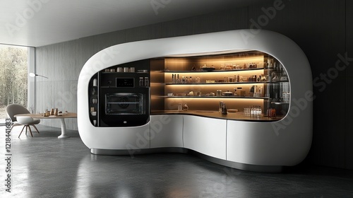 Modern curved kitchen unit with integrated appliances and shelving.
