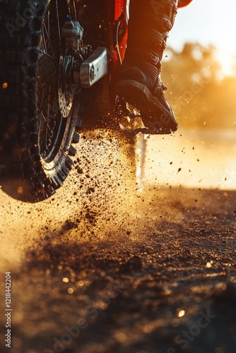 Motorcycle kicking up dust during sunset, showcasing thrill of off-road adventure and freedom on rugged terrain, perfect for outdoor enthusiasts and adrenaline seekers. photo