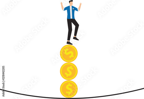 Man balancing on falling stack of coins