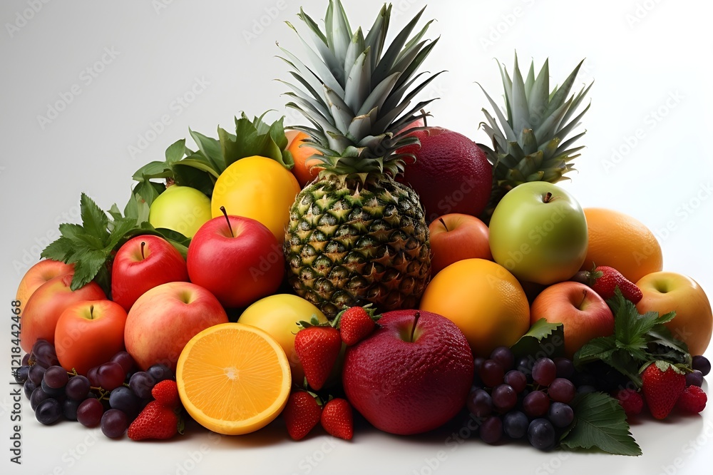 A vibrant and realistic display of mixed fruits, such as pineapples, kiwis, berries, and citrus, carefully arranged and isolated on a white background, perfect for modern packaging designs. A vibrant and realistic display of mixed fruits, such as pineapples, kiwis, berries, and citrus, carefully arranged and isolated on a white background, perfect for modern packaging designs.