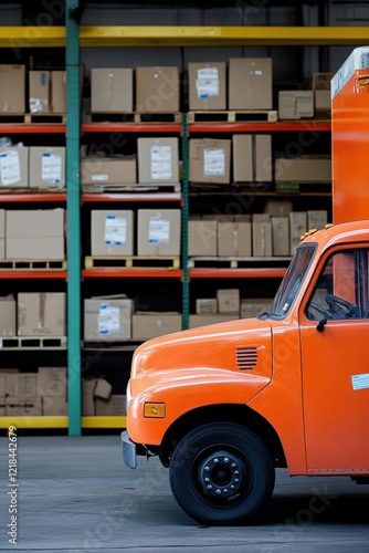 Orange delivery truck parked in storage facility with stacked cardboard boxes, representing logistics, shipping, and supply chain management in a warehouse environment. photo