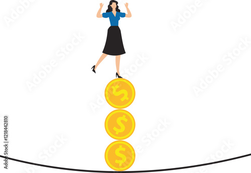 Woman balancing on falling stack of coins