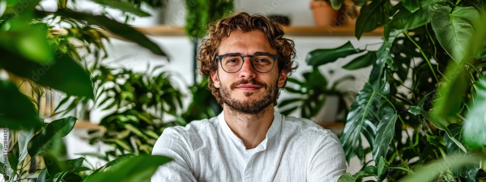 Young Man with Glasses Surrounded by Lush Green Plants in Cozy Indoor Space with Natural Light Young Man with Glasses Surrounded by Lush Green Plants in Cozy Indoor Space with Natural Light