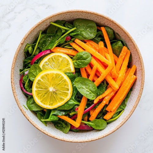 Fresh Spinach Salad with Carrot Strips and Lemon Slices in a Rustic Bowl on a White Marble Surface photo