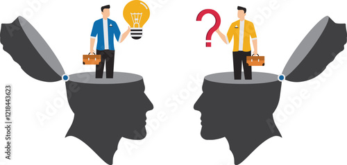 Men holding question mark and light bulb in heads