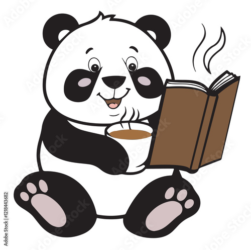 a cute cartoon panda sitting on the floor, reading a book and holding a cup of coffee. The panda has big, round eyes and a happy expression.