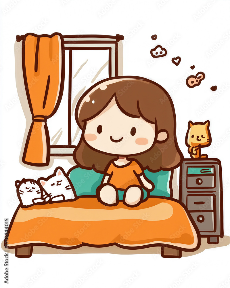 Cozy Cartoon Bedroom Scene with Girl and Cats Illustration for Childrens Decor and Storybooks Cozy Cartoon Bedroom Scene with Girl and Cats Illustration for Childrens Decor and Storybooks