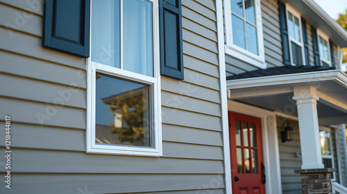Stunning House Exterior: Grey Siding, White Windows, and Red Door. Modern Architectural Design. Real Estate Photography